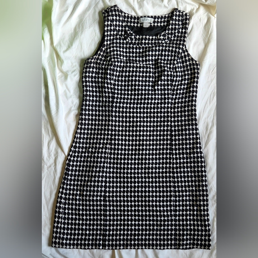 Ann Taylor Loft Shift Dress Size 6 Black White Geometric Dot Sleeveless Zip